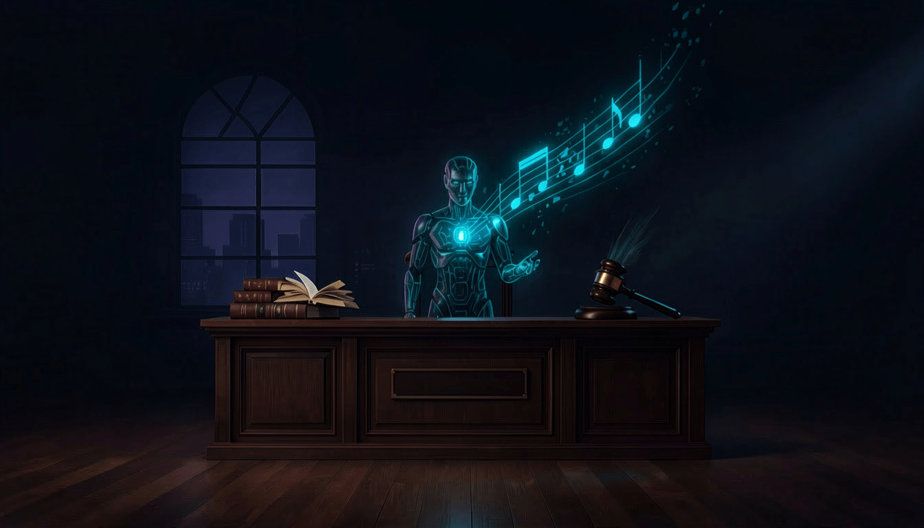 Glowing AI robot behind a judge's desk with law books and a gavel, music notes flowing from its hand