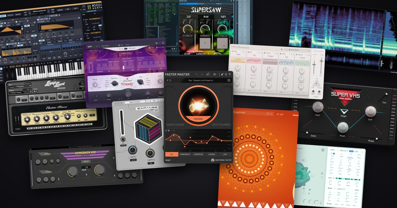 Montage of plugins in the Plugin Boutique Discovery Bundle, including FASTER MASTER, SynthMaster 3, Super VHS and Lounge Lizard Session