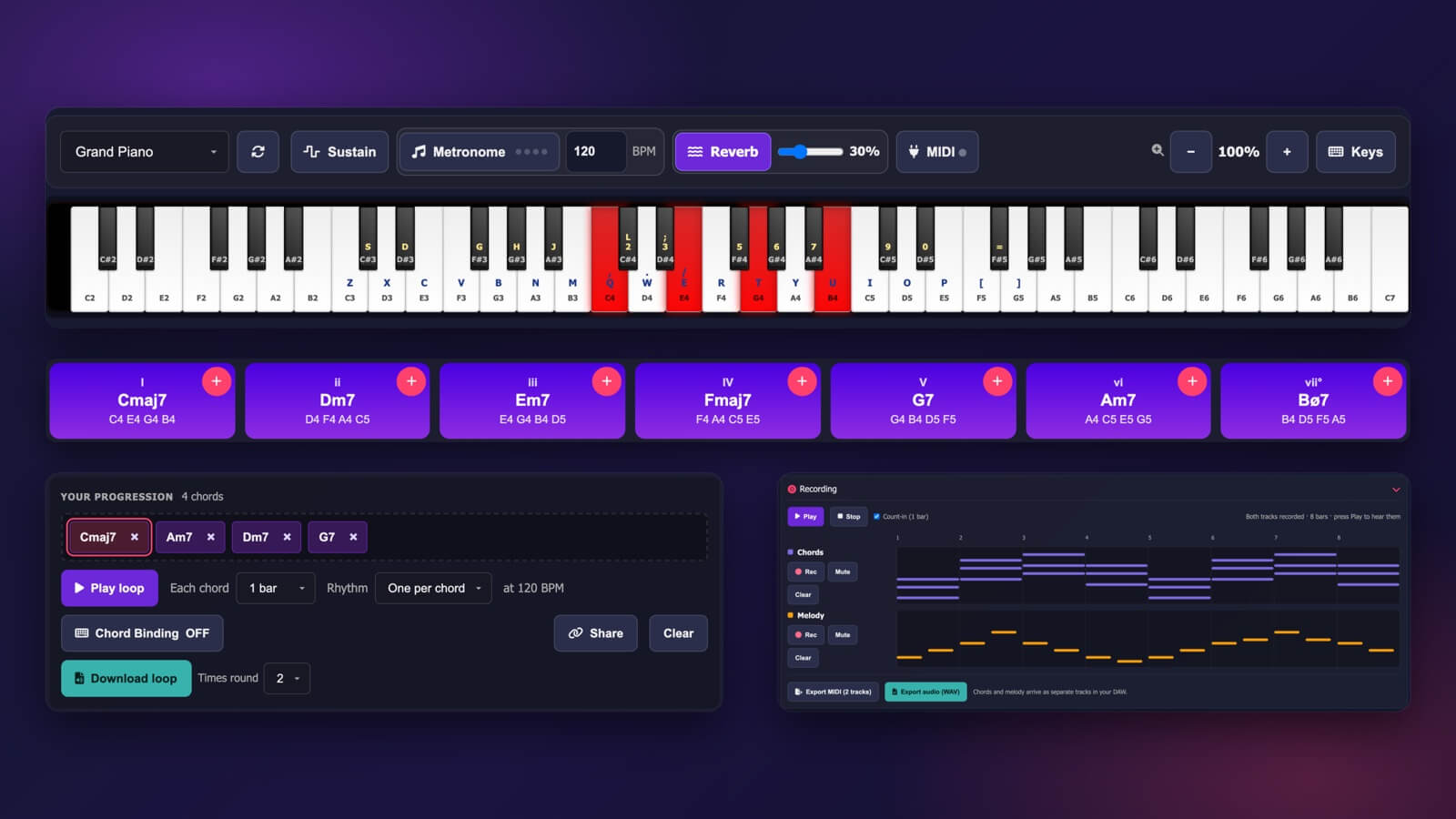The Virtual Piano with a Cmaj7 chord lit up on the keyboard, the chord buttons of C major, a four-chord progression and the two-track recording panel