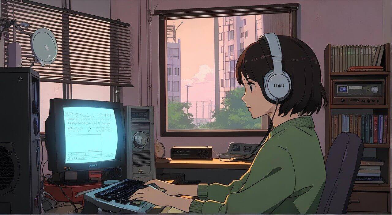 Anime-style illustration of a girl in headphones typing at a retro computer by a window at dusk
