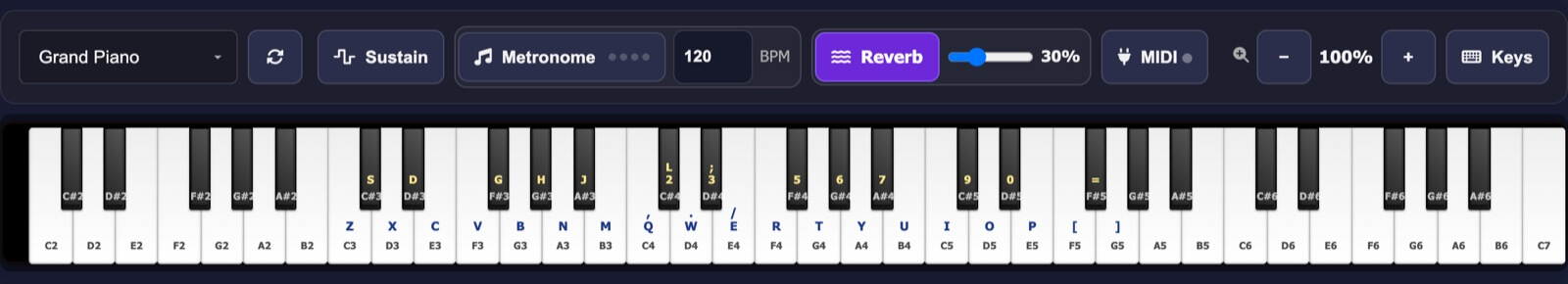 The Virtual Piano's control strip above a keyboard from C2 to C7, with computer-key letters shown on the keys