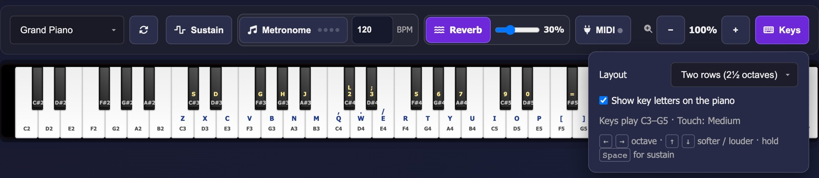 The Keys panel open beside the keyboard, with the layout menu, the key-letters option and the arrow-key shortcuts