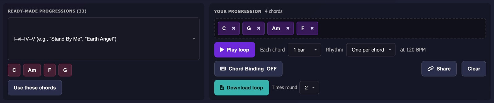 Ready-made progressions on the left and Your progression on the right, with C, G, Am and F added and the loop controls below